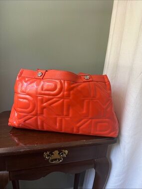 DKNY Bright Orange Quilted Logo Tote, Vintage, big bag, showstopper, women